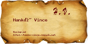 Hankó Vince névjegykártya